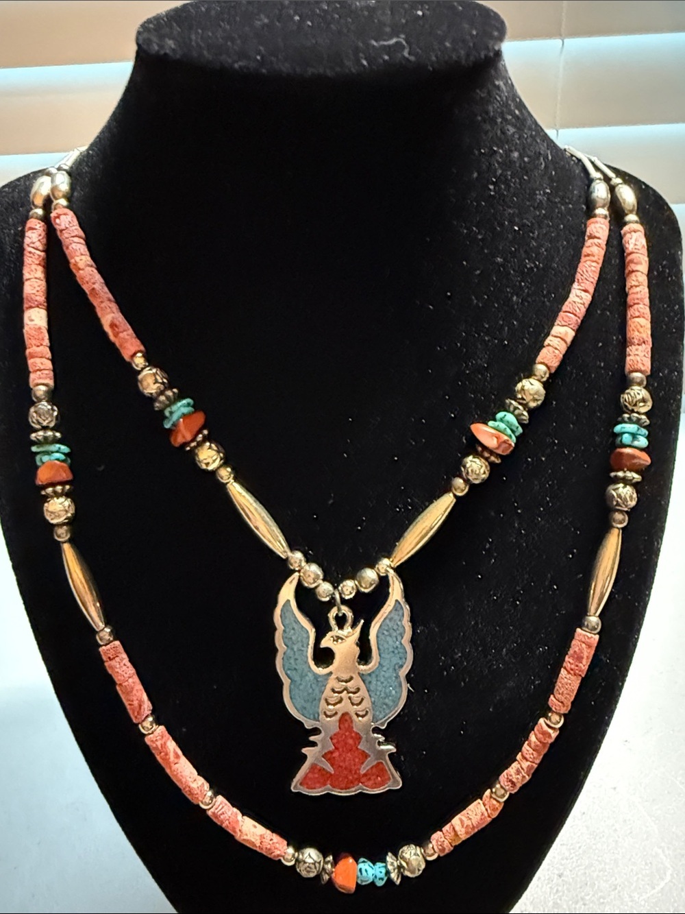 Handcrafted Coral and Turquoise Phoenix Pendant Necklace